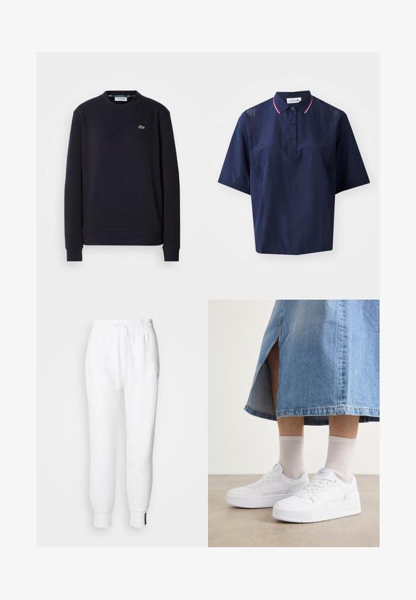 Simpel sort langærmet Lacoste sweatshirt med rund hals og broderet grønt krokodillelogo på venstre bryst mod hvid baggrund.; Mørkeblå kortærmet polo shirt med knaplukning, kontrasterende krave med røde og hvide detaljer samt perforerede sider for åndbarhed.; Hvide joggerbukser med elastisk talje og snøre, der har sidelommer og ribbet manchetter. Blødt stof med broderet logodetalje.; Hvide sneakers i struktureret læder med en platformssål, rund tå og snøresystem; parret med lys grå ankelsokker og en denim-nederdel.