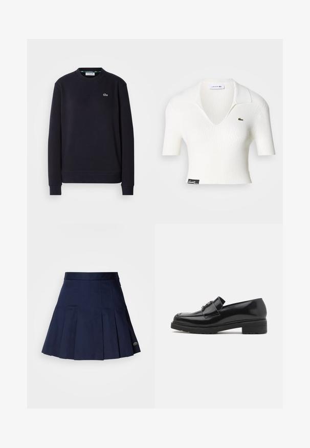Simpel sort langærmet Lacoste sweatshirt med rund hals og broderet grønt krokodillelogo på venstre bryst mod hvid baggrund.; Hvid ribbet cropped polo skjorte med V-udskæring, korte ærmer og et grønt Lacoste krokodillelogo på venstre bryst. Sort mærke ved kanten.; Mørkeblå plisseret nederdel med en tætsiddende talje, lavet af et glat stof. Har et lille Lacoste-logo i kanten.; Sorte lakerede loafers med lav blokhæl, syet tå og metalspænde detaljer på oversiden, vist i sideprofil på hvid baggrund.