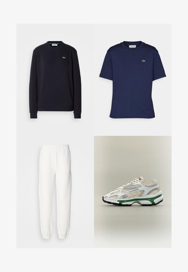 Sweatshirt noir à manches longues Lacoste, col rond, avec logo crocodile vert brodé sur la poitrine gauche, sur fond blanc.; T-shirt bleu marine à manches courtes en coton, avec un col rond et un petit logo vert Lacoste sur la poitrine gauche.; Pantalon de survêtement blanc en tissu tricoté doux. La taille et les poignets élastiques assurent une coupe décontractée. Design minimaliste, sans motifs ni accents visibles.; La sneaker Lacoste présente un supérieur en mesh blanc avec des accents argentés et verts, des détails texturés, et une semelle en caoutchouc noir avec des touches de violet.