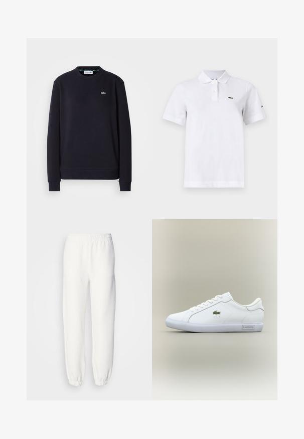 Sweatshirt noir à manches longues Lacoste, col rond, avec logo crocodile vert brodé sur la poitrine gauche, sur fond blanc.; Polo blanc à manches courtes avec deux boutons, un petit logo crocodile vert sur la poitrine gauche et un logo noir discret sur la manche gauche.; Pantalon de survêtement blanc en tissu tricoté doux. La taille et les poignets élastiques assurent une coupe décontractée. Design minimaliste, sans motifs ni accents visibles.; Baskets basses blanches avec lacets blancs, logo crocodile vert sur le côté et étiquette "Lacoste" sur la semelle, le tout sur un fond neutre.