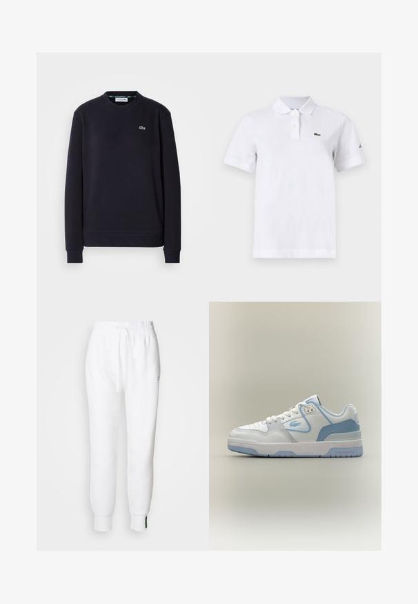Simpel sort langærmet Lacoste sweatshirt med rund hals og broderet grønt krokodillelogo på venstre bryst mod hvid baggrund.; Hvid polo-shirt med korte ærmer med to knapper, en lille grøn krokodille-logo på venstre bryst og et diskret sort logo på venstre ærme.; Hvide joggerbukser med elastisk talje og snøre, der har sidelommer og ribbet manchetter. Blødt stof med broderet logodetalje.; Hvid og lyseblå Lacoste sneaker med snørebånd, perforeret tå og logo på siden, vist i sideprofil på en neutral baggrund.