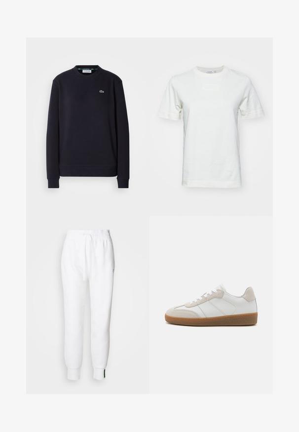 Simpel sort langærmet Lacoste sweatshirt med rund hals og broderet grønt krokodillelogo på venstre bryst mod hvid baggrund.; Hvid bomulds t-shirt med korte ærmer, rund hals og et tekstureret "LACOSTE" logo på fronten. Glat stof med en regular fit.; Hvide joggerbukser med elastisk talje og snøre, der har sidelommer og ribbet manchetter. Blødt stof med broderet logodetalje.; Hvide lædersneakers med beige ruskindsdetaljer, struktureret tunge og gummisål. Har hvide snørebånd og diskrete stikninger.