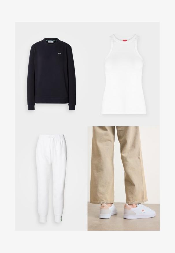 Lihtne must pika varrukaga Lacoste crewneck fliis, mille vasakus rinnas on broderitud roheline krokodilli logo, valge taustal.; Valge varrukateta soonikkoes tanktop, kõrge ümara kaelusega ja kehakujuline, kujutatud lihtsal heledal taustal.; Valged jooksupüksid elastse vöökoha ja nööriga, küljepockets ja soonikute sooned. Pehme kangas, millel on tikkitud logo. ; Valged tossud sileda nahkviimistlusega, millel on heelil beež zamš. Koos heledate beežide pükstega.