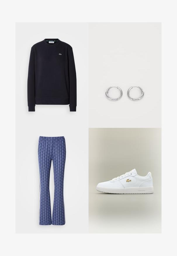 Lihtne must pika varrukaga Lacoste crewneck fliis, mille vasakus rinnas on broderitud roheline krokodilli logo, valge taustal.; Sinise mustrite ja geomeetrilise kujundusega laiad püksid, millel on elastne vöökoht ja valged triibud külgedel. Ühtlane tekstuur kogu ulatuses.; Valge nahast tossud, millel on madala profiiliga disain, ümar nina, nööridega kinnitamine ja kuldne Lacoste logo aktsent küljel.; Hõbedased rõngashoidjad, millel on sujuv ja poleeritud viimistlus. Ümmargune kuju, millel on väike kinnitusdetail sulgemiseks. Minimalistlik disain, kerge.