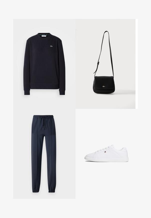 Μαύρη μακρυμάνικη μπλούζα crewneck της Lacoste με κεντητό πράσινο λογότυπο με τα κροκόδειλο στο αριστερό στήθος, σε λευκό φόντο.; Σκούρο μπλε παντελόνια jogger φτιαγμένα από ένα λείο, ελαφρύ υλικό. Διαθέτει ελαστική μέση με κορδόνι και σφηκοειδή κωνικά πόδια.; Λευκό αθλητικό παπούτσι με λείο συνθετικό άνω μέρος, στρογγυλεμένο μύτη και λαστιχένια σόλα. Διαθέτει έξι οπές για κορδόνια και μικρό λογότυπο στο πλάι.; Μαύρη δερμάτινη τσάντα χιαστί με ρυθμιζόμενο λουρί και κλείσιμο με καπάκι, με μικρό ασημένιο λογότυπο κροκόδειλου στο κέντρο μπροστά.