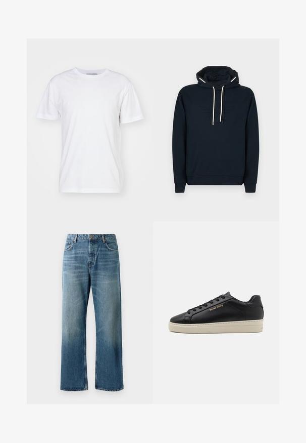 Mørkeblå hættetrøje med stor forlommekængurulomme foran, hvide snore, tekstureret logo på brystet, ribkant ved ærmer og kant.; Hvid bomulds t-shirt med rund halsudskæring, korte ærmer og lige snit. Ingen mønstre eller udsmykninger, glat tekstur og enkel design.; Lysblå brede jeans med en falmet vask, prydet med enkeltknaplukning, fem lommer og kontrastsyede detaljer.; Sorte lædersneakers med en glat finish, kontrasterende cremefarvet sål, rund tå, guld logo på siden og seks huller til snørebånd.