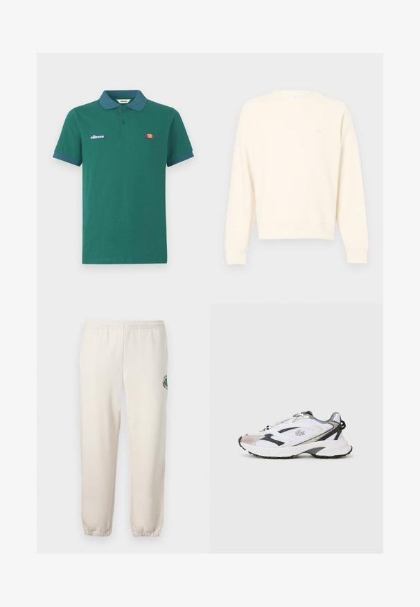 Lichtbeige sweatshirt gemaakt van textuurstof, met een ronde hals, lange mouwen en een subtiel logo op de borst.; Groene polo shirt van katoen met een contrasterende blauwe kraag en manchetten. Heeft een geborduurd logo en een klein kleurrijk ontwerp op de borst.; Lichtbeige sweatpants van katoen, met een elastische tailleband, geribde boorden en een groen logo met een bladerenontwerp op het linkerpand.; Witte sportschoen met zilveren en zwarte accenten, een bovenwerk van mesh, een gestructureerde zool en een gestroomlijnd ontwerp met een logo aan de zijkant.