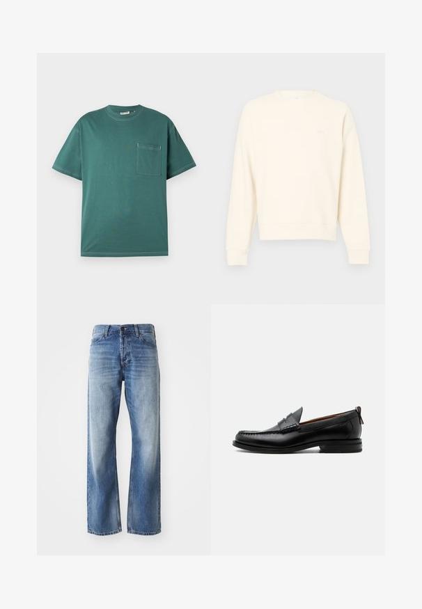 Sweatshirt vaalean beige väri, valmistettu tekstuurillisesta kankaasta, jossa on pyöreä kaula-aukko, pitkät hihat ja hillitty logo rinnassa.; Teal lyhythihainen t-paita, jossa on valkoiset ompeleet ja vasemmalla puolella rintatasku, esillä yksinkertaista valkoista taustaa vasten.; Siniset farkut suoraa lahjetta, joissa on hieman haalistumista reisissä ja polvissa, viidellä taskulla ja napilla kiinnitettävä malli.; Miesten musta nahka loafer mokkakengännissäpäällysteisesti, pennihihnalla, teksturoidulla kauluksella ja matalalla pinotulla korolla valkoisella taustalla.