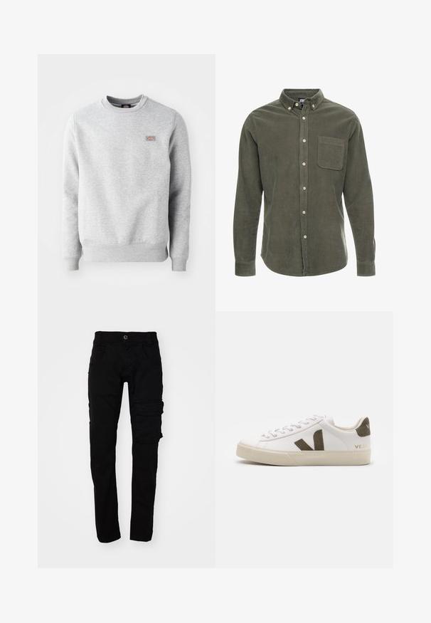 Sweatshirt gris avec un col rond, des poignets et un ourlet côtelés, fabriqué en coton doux. Présente un petit logo sur la poitrine gauche.; Chemise en velours côtelé vert olive avec manches longues, col boutonné, poche avant et patte de boutonnage sur le devant. Tissu texturé avec des rayures verticales.; Pantalons cargo noirs avec une coupe ajustée, fabriqués en tissu en coton durable. Comprend plusieurs poches et une fermeture à bouton à la taille.; Baskets en cuir blanc avec une semelle en caoutchouc beige clair. Présentent un logo en V en daim marron et une languette de talon. Fermeture à lacets avec une surface texturée.