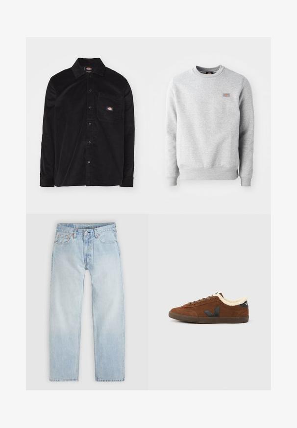 Grå sweatshirt med rund hals, ribbede manchetter og kant, lavet af blødt bomuldsstof. Har et lille logo på venstre bryst.; Sort corduroy skjorte med knap-ned krave, lange ærmer, forlommek og logo patch. Har et struktureret stof mønster.; Lyseblå denimjeans med en afslappet pasform, der har fem lommer, knaplukning og subtile orange syningsdetaljer.; Brun ruskindssneaker med sort "V"-logo, snørlukning foran, mørkebrun sål og cremefarvet fleeceforing rundt kraven.