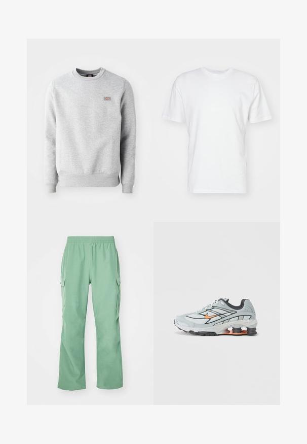 Sweatshirt gris avec un col rond, des poignets et un ourlet côtelés, fabriqué en coton doux. Présente un petit logo sur la poitrine gauche.; T-shirt en coton blanc à manches courtes, encolure ronde et texture lisse. Design simple sans motifs ni graphiques.; Pantalons cargo vert clair avec une taille élastique, fabriqués à partir d'un tissu lisse, comportant deux poches latérales et une coupe droite.; Chaussure de course gris clair avec accents noirs, logo orange, tige en mesh, col rembourré et semelle en caoutchouc avec unités d'absorption des chocs visibles.