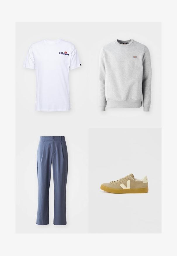 Grauer Pullover mit Rundhalsausschnitt, gerippten Bündchen und Saum, aus weichem Baumwollmaterial. Besitzt ein kleines Logo auf der linken Brust.; Weißes Baumwoll-T-Shirt mit kurzen Ärmeln, das ein marineblaues gesticktes Logo auf der linken Brust und einen lebhaften Farbakzent über dem Logo präsentiert.; Marineblaue Hose mit Falten, gerader Schnitt, aus leichtem Stoff, mit einem einzigen Frontknopfverschluss und Gürtelschlaufen.; Beiger Sneaker in niedrigem Schnitt aus Wildleder mit Gummisohle, weißem "V"-Logo an der Seite und weißem Fersenlasche mit der Aufschrift "VEJA" auf hellgrauem Hintergrund.
