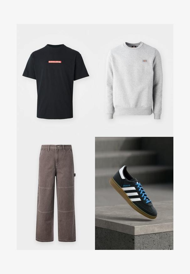 Grijze sweatshirt met een ronde hals, ribgebreide manchetten en onderrand, gemaakt van zacht katoen. Kenmerkt een klein logo op de linkerkant van de borst.; Zwarte t-shirt met korte mouwen en een klein rood en wit Quiksilver-logo gecentraliseerd op de borst, weergegeven tegen een effen witte achtergrond.; Wijd been broek in een vervaagde bruine kleur, gemaakt van duurzaam materiaal met contrasterende stiksels. Kenmerkt paneeldetails en een zijzak.; Zwarte Adidas-sneaker met witte strepen, blauwe veters en een gumzool die boven een grijze betonnen trede zweeft in zacht licht.