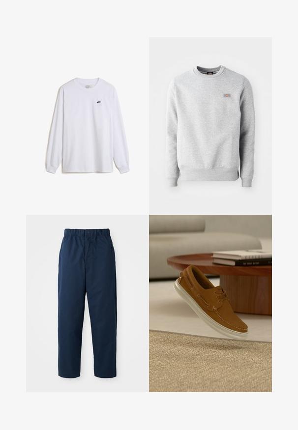 Grijze sweatshirt met een ronde hals, ribgebreide manchetten en onderrand, gemaakt van zacht katoen. Kenmerkt een klein logo op de linkerkant van de borst.; Witte langelijf t-shirt van katoen, met een kleine zwarte skateboardafbeelding op de linkerkant van de borst en geribde manchetten.; Navy blauwe broek van soepel materiaal, met een elastische tailleband en een knoop, rechte pijpen en zonder zichtbare patronen of accessoires.; Bruine leren bootschoen met witte rubberen zool, voorzien van gestikte details, een veter aan de voorkant en metalen veterogen.