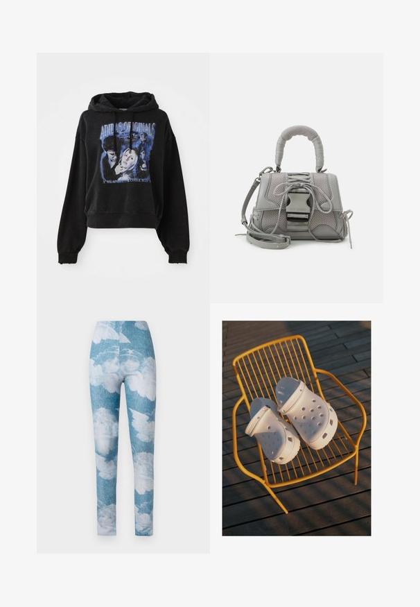 Sort cropped hoodie lavet af bomuld med snøre i hætten. Har et grafisk print i blå, der viser tegn og tekst.; Leggings med en blå denim baggrund og hvide sky mønstre. Stoffet synes strækbart med en tætsiddende design og ankel længde.; Hvide Crocs træskor har et perforeret design, flade såler og justerbare hælremme, og de står på en gul trådstol mod et trægulv.; Grå tekstureret håndtaske med en polstret hank, mesh-detaljer, justerbar rem og en frontlås. Kompakt design med en afrundet form.