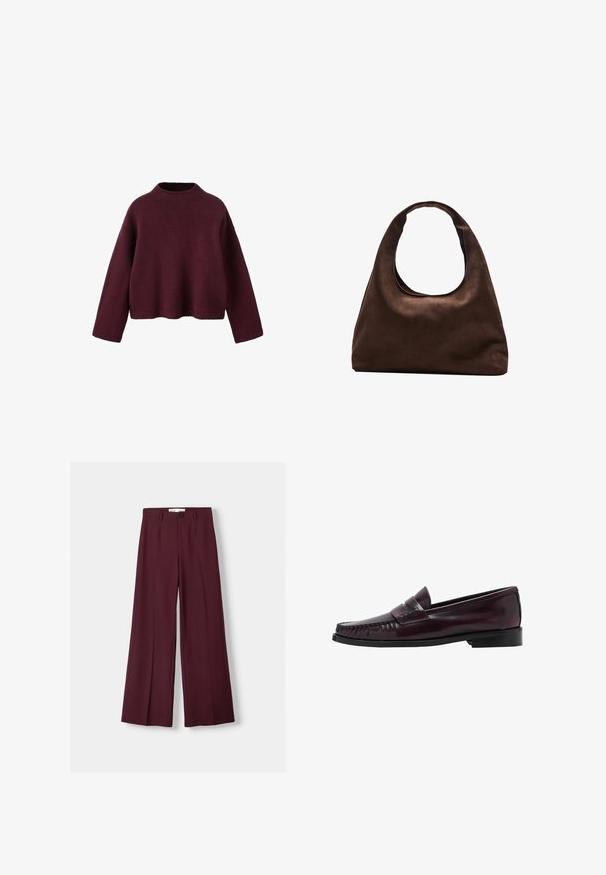 Bordeauxrød strikket sweater med høj hals, sænket skulder og lange ærmer. Har et cropped design og ribbet tekstur.; Bordeaux bredde benbukser lavet af glat stof, med en frontknaplukning og rene folder for et skræddersyet udseende.; Mænds mørkebrune læder penny loafers med sort sål og syning langs tåen, vist i sideprofil.; Blød brun hobo-stil håndtaske med en enkelt bred strop og en buet åbning på toppen, vist på en hvid baggrund.