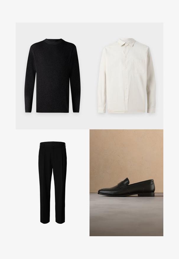 Suéter negro de punto acanalado con mangas largas y escote redondo. Presenta un tejido texturizado y un dobladillo recto.; Samsøe Samsøe SADAMON - Camisa - off white; Pantalones formales negros con trabillas para cinturón, botón frontal y cierre de cremallera, mostrados sobre fondo blanco.; Zapato mocasín de cuero negro suspendido en el aire sobre una alfombra beige con un sofá beige de fondo.