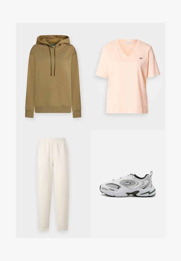 Beige capuchonsweatshirt met trekkoorden, geribde manchetten en zoom, en klein groen krokodillenlogo op de linkerborst.; Bleek perzikkleurig V-hals T-shirt van katoen met korte mouwen, met een klein groen Lacoste-logo op de linkerborst.; Crème-kleurige sweatpants gemaakt van zachte stof. Bevat een elastische tailleband en een taps toelopend ontwerp met subtiele stikdetails.; Witte sportschoenen met meshpanelen, zwarte accenten en een gestructureerde zool. Heeft een strak ontwerp en een opvallend logo aan de zijkant.