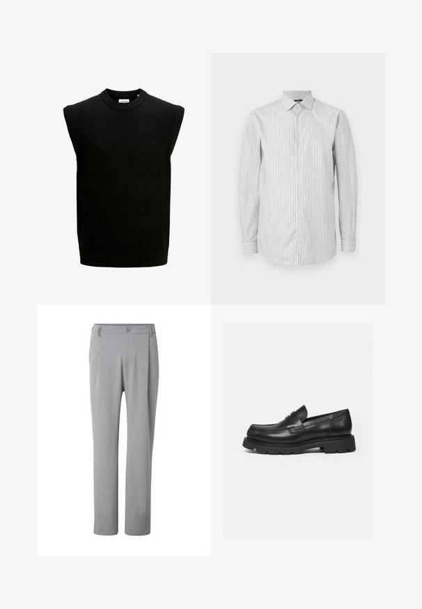 Suéter negro sin mangas con cuello redondo, hecho de tejido texturizado, que presenta un dobladillo y sisas acanalados. Diseño simple y minimalista.; Camisa de vestir de manga larga a rayas en blanco y gris claro, con cuello y cierre de botones, que presenta puños a rayas contrastantes y una textura suave.; Pantalones gris claro de pierna recta con botón y trabillas, mostrados de frente sobre un fondo blanco.; Mocasín negro de cuero con suela gruesa y acanalada y detalle de tira para moneda, mostrado en perfil lateral derecho sobre fondo blanco.