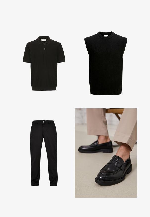 Suéter negro sin mangas con cuello redondo, hecho de tejido texturizado, que presenta un dobladillo y sisas acanalados. Diseño simple y minimalista.; Polo de manga corta negro con un acabado texturizado, tapeta de tres botones y un cuello clásico. Presenta un dobladillo acanalado ceñido.; Pantalones negros de tejido suave, con cierre de cremallera, botón y bolsillos laterales. Corte ajustado con un diseño limpio y minimalista.; Mocasines de cuero negro con un acabado suave, que cuentan con una correa decorativa y costuras en contraste, combinados con pantalones beiges.