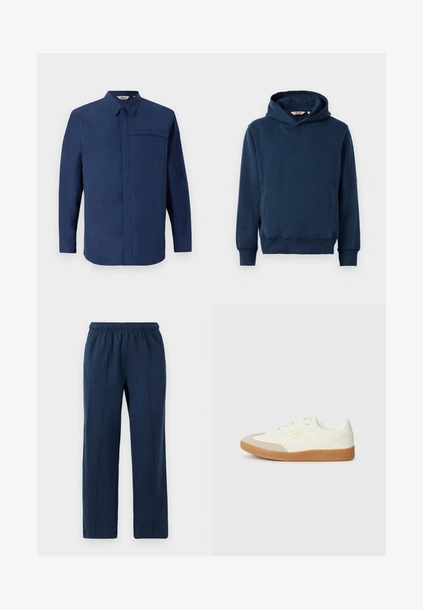 Marineblauwe hoodie van zacht materiaal, met een kangoeroezak, ribgebreide boorden en een capuchon met een lichte scoophals en logodetail.; Marineblauw overhemd met lange mouwen, een button-down kraag, een enkele borstzak en een schone, gladde textuur. Bevat een klein logo op de zak.; Navyblauwe broek met elastische tailleband en een ontspannen pasvorm. Kenmerkt zich door verticale stikdetails en een zachte katoenen textuur.; Schoen gemaakt van wit leer met een beige teenkap en een lichtbruine rubberen zool. Voorzien van platte witte veters en reliëfbranding aan de zijkant.