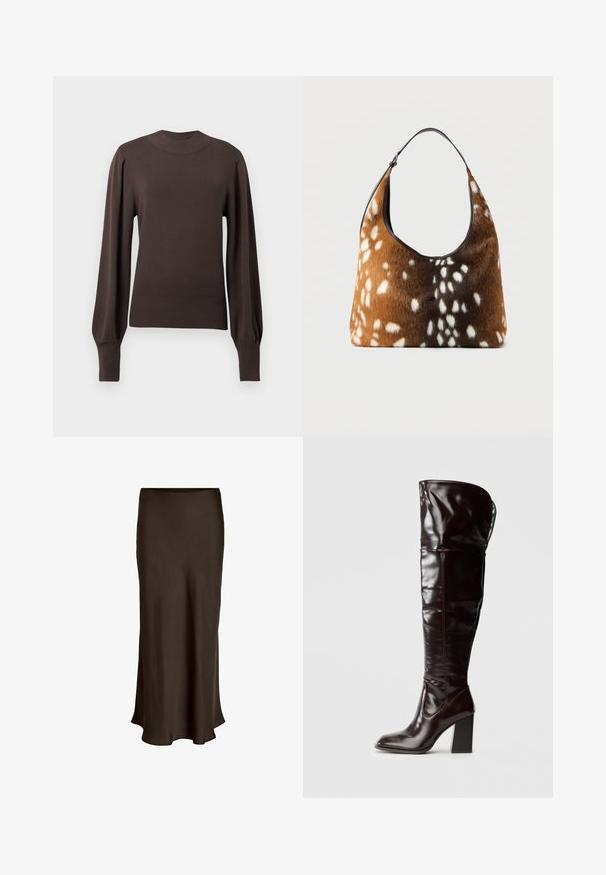 Brun strikket sweater med høj halsudskæring, lange puffede ærmer og ribbede manchetter. Glat tekstur med en tætsiddende silhuet.; VILA VIELLETTE HW MIDI SKIRT - NOOS - Maxinederdele - coffee bean; Knæhøje, blanke bordeauxrøde læderstøvler med firkantet tå og blokhæl, der har et løstsiddende design og minimale syningsdetaljer.; Brun og sort håndtaske med hvid pletskindtekstur og en enkelt sort skulderrem på en ensfarvet baggrund.