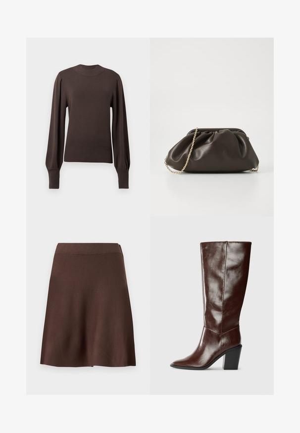 Brun strikket sweater med høj halsudskæring, lange puffede ærmer og ribbede manchetter. Glat tekstur med en tætsiddende silhuet.; Brun A-formet nederdel med elastisk talje, glat strik tekstur og let svaj i kanten mod en ensfarvet lys baggrund.; Høj, mørkebrun læderstøvle med spids tå og stablet blokhæl, vist fra siden på en ensfarvet baggrund.; Brun læderhandtaske med en sammensnøring, guld kædestrop og blød, struktureret overflade. Kompakt form velegnet til aftensbrug.
