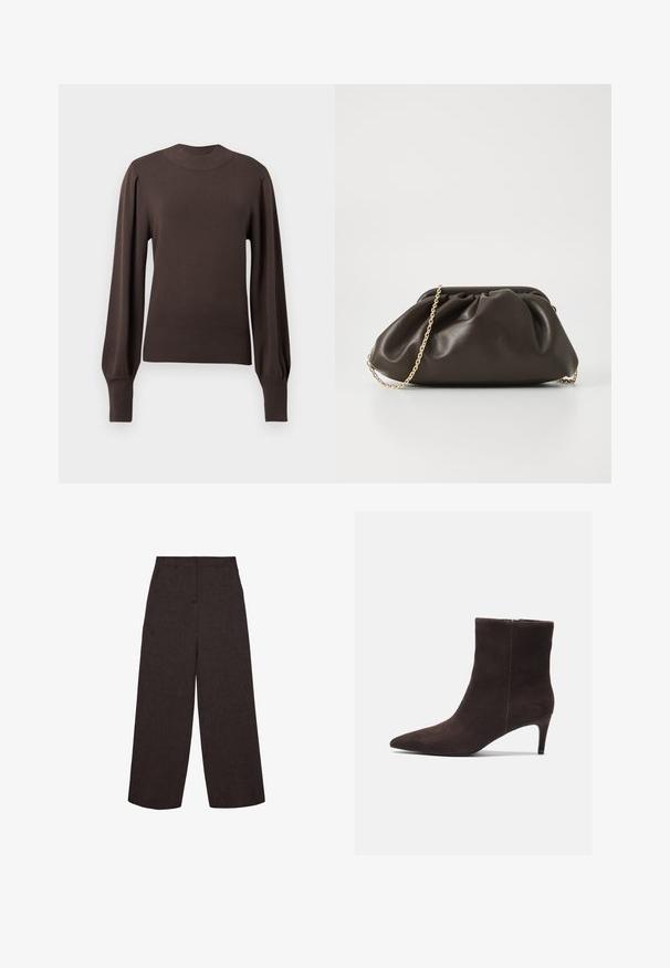 Brun strikket sweater med høj halsudskæring, lange puffede ærmer og ribbede manchetter. Glat tekstur med en tætsiddende silhuet.; Mørkebrune bukser med vide ben, høj talje og bæltestropper, vist fladt på en hvid baggrund.; Brune ruskinds ankelstøvler med spids tå og 3-tommers hæl, der har en glat tekstur og et minimalistisk design. Lynlåslukning bagpå.; Brun læderhandtaske med en sammensnøring, guld kædestrop og blød, struktureret overflade. Kompakt form velegnet til aftensbrug.