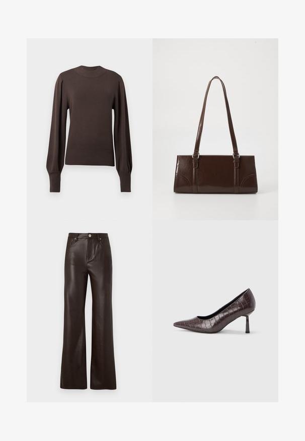 Brun strikket sweater med høj halsudskæring, lange puffede ærmer og ribbede manchetter. Glat tekstur med en tætsiddende silhuet.; Vero Moda Wide-leg VMTESSA High rise - Bukser - chocolate torte; Brune kunstlæder stiletter med spidse tæer og krokodilletekstur, der har en slank, vinklet hæl og en glat inderside.; Brun lakeret håndtaske med rektangulær form, to lange håndtag og subtile buede detaljer på fronten.
