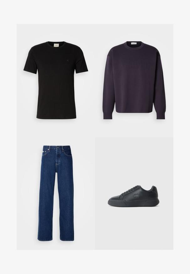 Mørkelilla crewneck-sweatshirt med lange ærmer, subtilt logo tekstur på forsiden, ribbede manchetter og kant. Blødt, strikket materiale.; Sort bomulds T-shirt med korte ærmer, rund halsudskæring og et lille Calvin Klein-logo på brystet. Glat tekstur, klassisk pasform.; Mørkeblå denimjeans med et bredt ben-design, der har en knaplukning og klassisk fem-lomme styling. Stoffet har en glat tekstur.; Sorte lædersneakers har en rund tå, flad sål og snørebåndsdesign. Bemærkelsesværdige detaljer inkluderer et diskret logo på siden.
