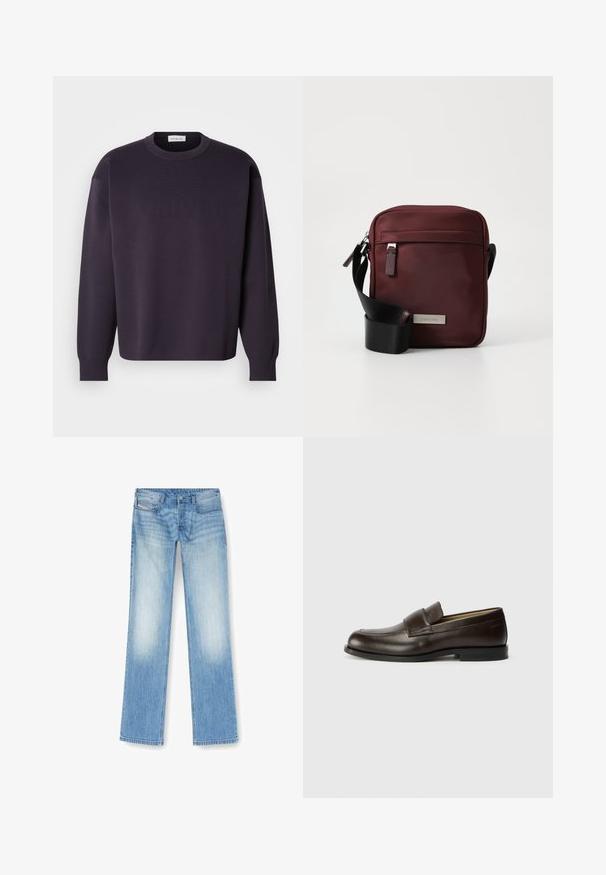 Dunkelviolette Sweatshirt mit Rundhalsausschnitt und langen Ärmeln, dezentes Logo-Relief auf der Vorderseite, gerippte Bündchen und Saum. Weiches, gestricktes Material.; Helle blaue Straight-Leg-Jeans aus Denim mit faded Finish, Fünf-Taschen-Design und sichtbaren Nähdetails entlang der Nähte.; Calvin Klein Slipper - cocoa brown; Burgunderfarbene Umhängetasche aus glattem Stoff mit silberfarbenen Beschlägen, verstellbarem schwarzen Gurt und vorderer Reißverschlusstasche. Mit Logo-Plakette.