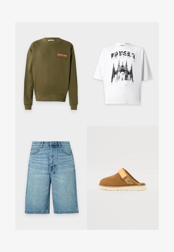 Sweatshirt vert olive en coton, avec un col rond, des poignets côtelés et un patch brodé portant "MARNI" en rouge.; T-shirt blanc à manches courtes avec texte noir de style gothique au-dessus d'un graphisme noir détaillé d'une cathédrale avec de hautes flèches et une croix centrale.; Short en denim bleu clair à coupe décontractée, présentant un léger effet délavé, une braguette zippée, cinq poches et des détails cousus.; Sabots en suède marron à enfiler avec une sangle orange clair et une semelle beige texturée. Dotés d'un bout rond et d'un détail de bouton sur le côté.