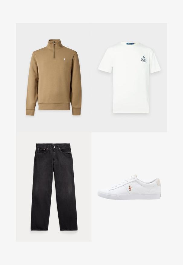 Beiger Pullover mit langen Ärmeln, Viertel-Reißverschluss und Stehkragen, mit kleinem weiß besticktem Logo auf der linken Brust.; Weißes Baumwoll-T-Shirt mit Rundhalsausschnitt, kurzen Ärmeln und einem blauen "POLO Ralph Lauren"-Logo auf der linken Brust.; Schwarze Jeans mit geradem Bein, fünf Taschen, Knopfverschluss und sichtbaren Metallnieten an den vorderen Taschen.; Weiße Leinensneaker im Low-Top-Design mit einem beigen Ferseneinsatz und einem kleinen gestickten Logo an der Seite. Gummisohle.