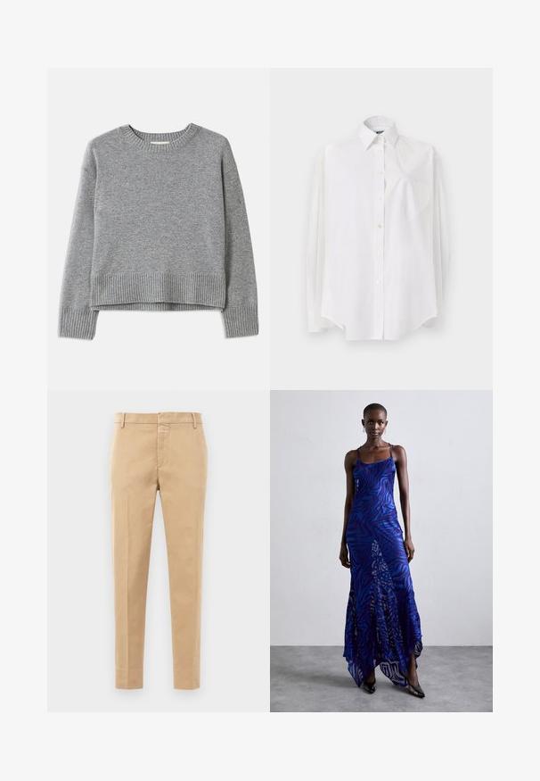 Grå sweater lavet af blødt stof, med rund hals, ribbede manchetter og kant, samt et let cropped design med en glat tekstur.; Hvid langærmet skjorte i letvævet stof med klassisk krave, knaplukning og hjerteformet lomme på venstre side.; Beige bomuldsbukser med lige snit, udstyret med lynlås foran og to sidelommer. Ingen synlige mønstre eller detaljer.; Blå og lilla dyreprint maxi kjole med tynde stropper, en tætsiddende bodice, flagrende kant og gennemsigtig overlay-detaljering.