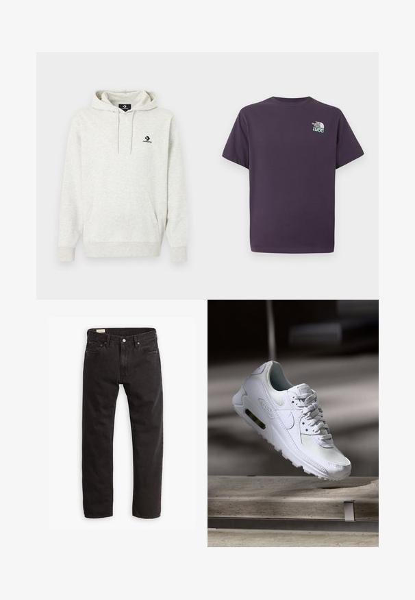 Lichtgrijze hoodie van zacht materiaal, met een kangaroobuidel, een capuchon met trekkoord en een zwart Converse-logo op de linkerborst.; Donkerpaarse T-shirt met korte mouwen en een klein wit en turquoise logo van "The North Face 1966" op de linkerborst.; Zwarte denim jeans met een rechte pijp, voorzien van een klassiek vijf-pocket ontwerp, subtiele stiksels en een metalen knoopsluiting.; Witte Nike Air Max 90 sneaker met een bovenwerk van mesh en leer, een geperforeerde teenbox en een zichtbare luchtunit in de hiel.