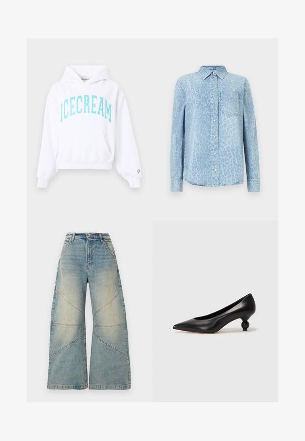 Sweat à capuche blanc avec le texte "ICECREAM" en bleu clair sur la poitrine et un petit graphique de sucette glacée rose sur le poignet de la manche gauche.; Chemise en denim bleu clair avec motif léopard, col, manches longues, fermeture boutonnée à l'avant et une poche poitrine. Finition texturée.; Jean bleu clair à jambes larges, taille haute, fermeture par bouton et zip, poches avant et détails de coutures diagonales.; Chaussure à talon haut en cuir noir avec un bout pointu et un talon arrondi. Texture lisse avec un design épuré et minimal.