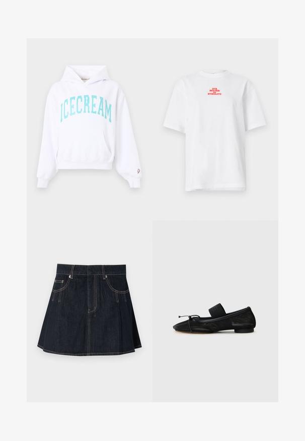 Weißer Hoodie mit hellblauem "ICECREAM"-Schriftzug auf der Brust und einer kleinen pinkfarbenen Eis am Stiel-Grafik am linken Ärmelbündchen.; Weißes T-Shirt mit kurzen Ärmeln und rotem Text "IT'S BETTER IN STIEGLITZ" zentriert in der Nähe der oberen Brust.; Jeansrock in Dunkelblau, mit ausgestelltem Design, Gürtelschlaufen, Vordertaschen und kontrastierenden Nähten entlang der Säume.; Schwarze flache Schuhe mit einer spitzen Zehe, aus strukturiertem Stoff, mit einem Schleifenakzent und einem kleinen, runden Absatz. Elastisches Band am Knöchel.