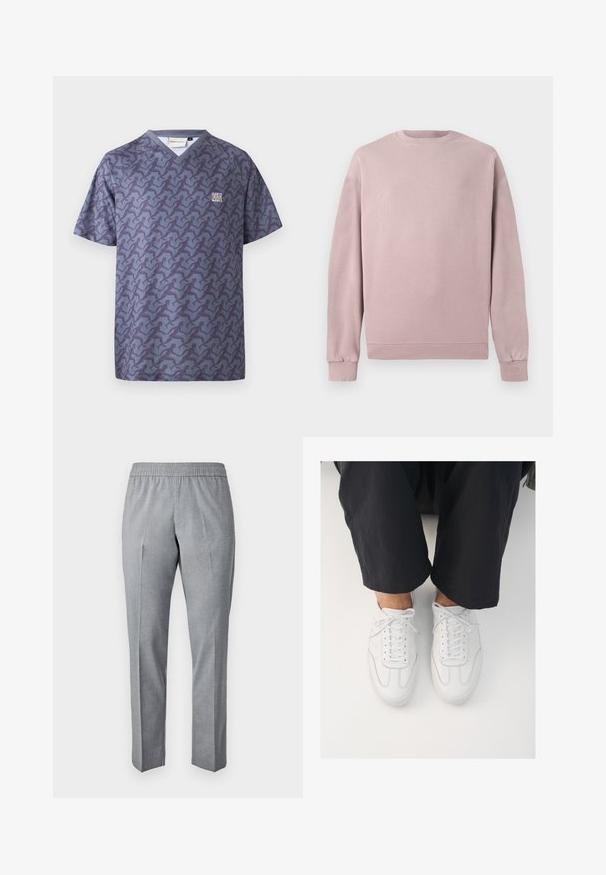 Hellrosa Sweatshirt mit klassischem Rundhalsausschnitt, gerippten Bündchen und Saum. Hergestellt aus weichem, strukturiertem Material. Einfaches Design ohne Muster.; Cleptomanicx RELAY - T-Shirt print - nightshadow blue; Grau, gewebte Hose mit einem elastischen Bund, geradem Schnitt und einer Bügelfalte auf der Vorderseite. Der Stoff sieht glatt und leicht aus.; Weiße Ledersneaker mit glatter Textur, runder Zehenform und klassischem Schnürsystem, platziert über dunklen, locker sitzenden Hosen.