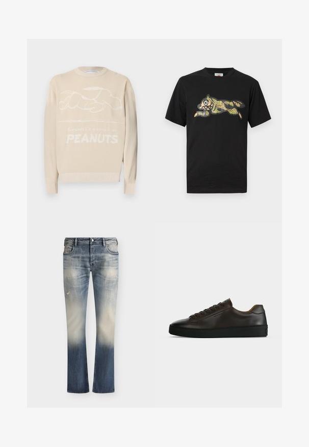 Pull beige avec un motif en relief de Snoopy et le texte "Everybody's in a happy la see PEANUTS" sur le devant, manches et ourlet côtelés.; T-shirt en coton noir avec un motif camouflage vert et beige représentant un animal sautant, aux contours marqués et aux traits du visage exagérés.; Jean en denim bleu délavé avec des détails usés, poches avant, fermeture à boutons et coupe droite.; Baskets basses en cuir marron foncé avec semelle en caoutchouc noire, lacets à l'avant et design minimaliste épuré sur fond clair.