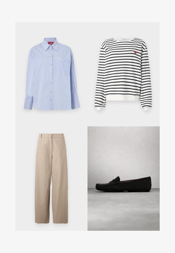 Stribet sweatshirt i hvid og sort med lange ærmer, rund hals og rød broderet læbe detalje på brystet. Blødt stof, afslappet pasform.; Blå og hvid stribet skjorte med krave, lange ærmer, frontknapper og en venstre brystlomme med matchende striber.; Beige, brede bukser lavet af bomuld. Har flad front, to sidelommer og en glat tekstur. Enkel, funktionel design.; Sorte mokkasinstøvler i stil med blødt læder-overdel, rund tå og dekorativ syning, med en lavprofil gummisål.