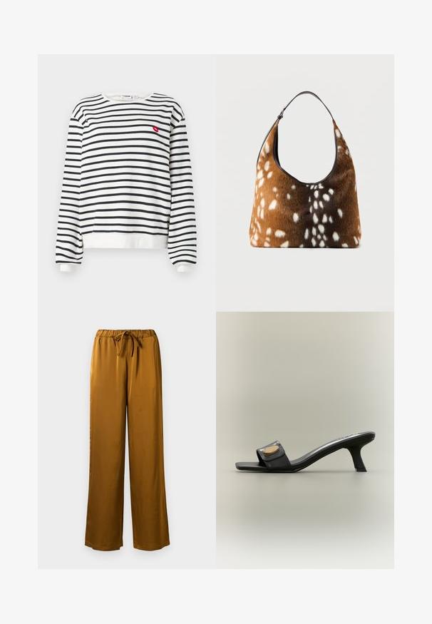 Sudadera a rayas en blanco y negro con mangas largas, cuello redondo y detalle de labios bordado en rojo en el pecho. Tejido suave, corte relajado.; Pantalones amplios de satén marrón con una cinturilla elástica y cordón de ajuste. Textura suave y diseño de largo completo con un ajuste relajado.; Sandalia mule negra con punta abierta, tacón curvado de altura media y adorno ovalado dorado en la amplia tira frontal, sobre un fondo neutro.; Bolso marrón y negro con textura de piel blanca con manchas y una sola correa negra para el hombro sobre un fondo liso.