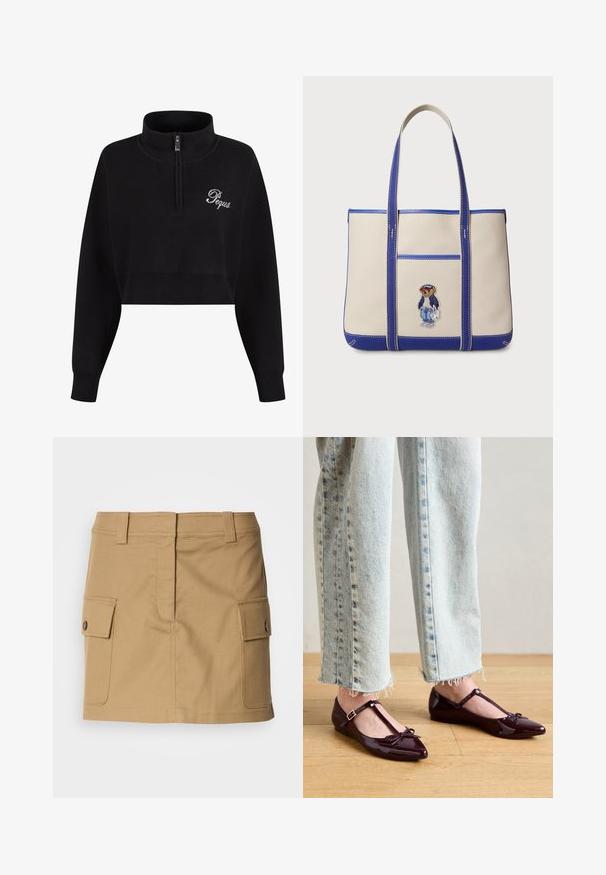 Sort kortærmet sweater med høj krave og kvart lynlås. Funktioner ribbet kant og manchetter, dekoreret med hvid broderet tekst.; Khaki bomuldsnederdel med en tætsiddende talje, to sidelommer med klaplukninger og lige snit. Holdbart materiale med en glat overflade.; Blanke bordeauxrøde balletflade sko med T-rem, der har en sløjfedetalje ved tåen. Kombination med cropped lyseblå denimjeans.; Taske med en lys beige lærredskrop og blå accenter. Har blå syninger og en frontlomme med et broderet bjørnemotiv.