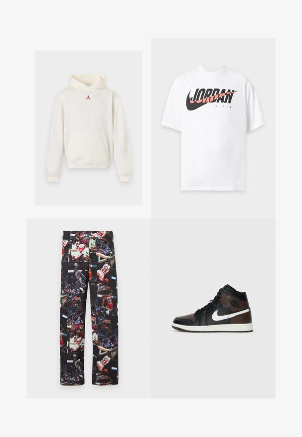 Hvid hættetrøje med frontlomme og lille rødt Jumpman-logo over brystet, med hætte og lange ærmer.; Hvid T-shirt med korte ærmer med stor sort og pink "JORDAN AIR" logo og Nike swoosh over brystet.; Sorte bukser med en collage af basketballbilleder, primært med en spiller iført rød trøje. Glat stof med kontrasterende levende grafik.; Sorte og brune high-top sneakers med læderoverdel, hvid swoosh-logo, perforeret tå og gummisål. Har sorte snørebånd og krave.