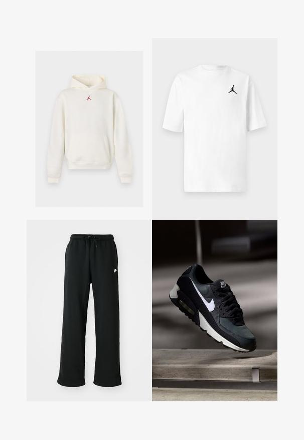 Fehér kapucnis pulóver elején zsebbel és kis piros Jumpman logóval a mellkas felett, kapucnival és hosszú ujjakkal.; Fehér pamut póló kerek nyakkivágással és rövid ujjakkal. A bal mellrészen egy kis fekete Jordan logó látható.; Fekete melegítőnadrág, puha anyagból készült, elasztikus derékkal és állítható húzózsinórral, valamint egy kis logós díszítéssel az oldalon.; Fekete és szürke Nike Air Max sneaker fehér logóval, betonfelület felett függőlegesen elhelyezkedve, elmosódott sötét háttér előtt.