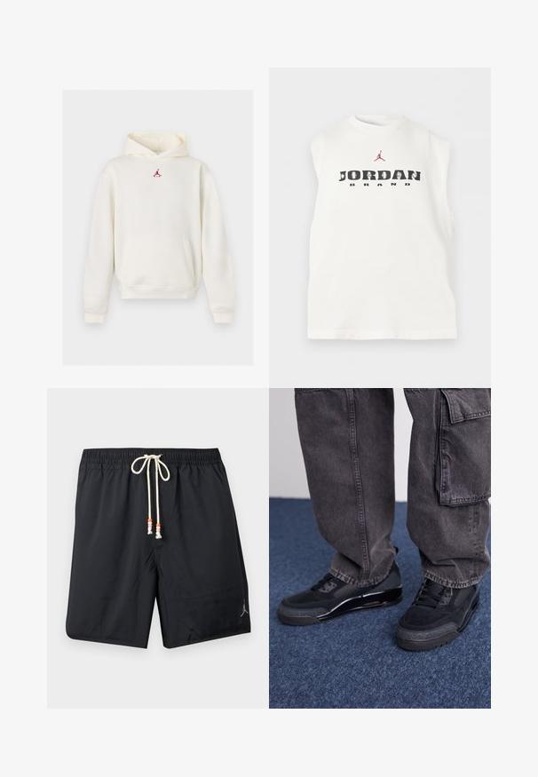 Sweat à capuche blanc avec poche kangourou à l’avant et petit logo Jumpman rouge au-dessus de la poitrine, avec capuche et manches longues.; Débardeur blanc avec le texte « JORDAN BRAND » et un logo Jumpman rouge au-dessus du texte, au niveau de la poitrine.; Short de bain noir avec taille élastique et cordon blanc avec perles orange et rose, logo Jordan sur la jambe gauche.; Des chaussures de sport noires avec une surface texturée, des accents lisses et une semelle épaisse, accompagnées de pantalons cargo larges et foncés.