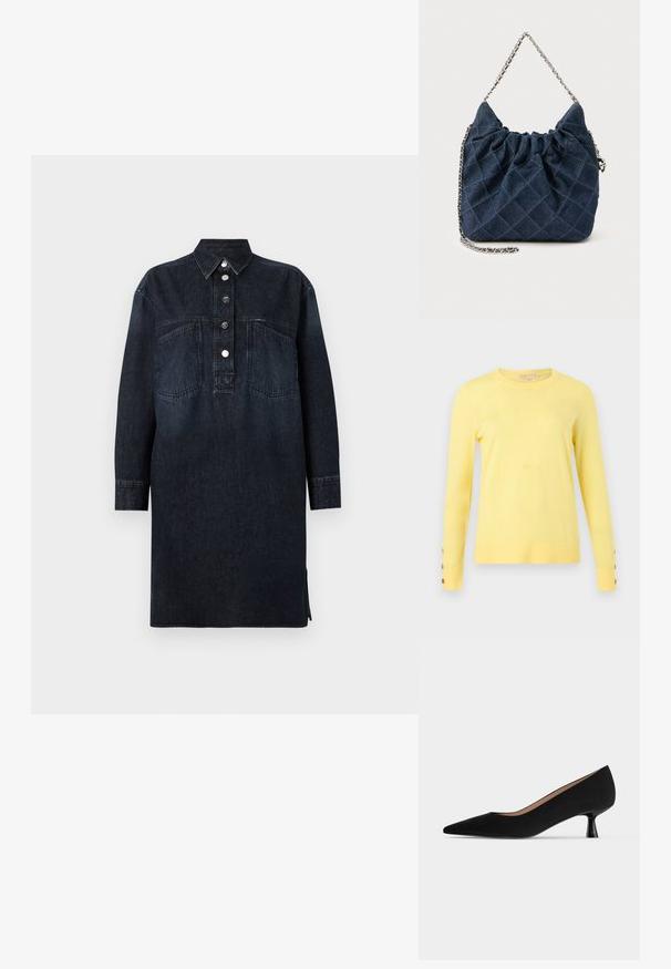Pikakarvaline helekollane kampsun ümar kaelusega ja kolme pruuni nupuga kummalgi mansetil, esitatud helehallil taustal.; CLOSED DRESS - Teksakleit - dark blue; Mustad naiste madala kontsaga, terava nina ja peene, paisutatud kassiheina kanna ning siledama mati viimistlusega kõrged kingad, külgvaates.; Tumelasinine tikitud kangast käekott, millel on voltis ülaosa ja hõbedane kettidega õlarihm, ühtlasel taustal.