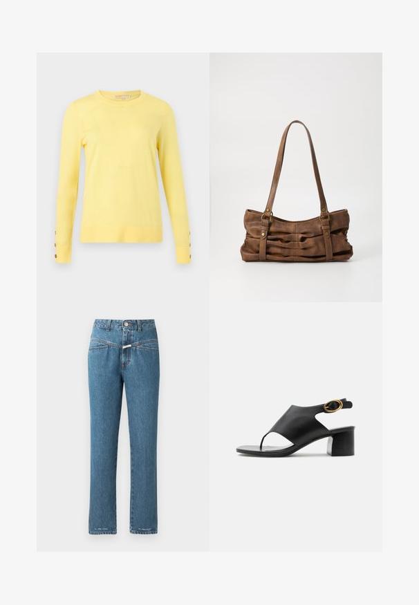 Jersey de manga larga de color amarillo pálido con cuello redondo y tres botones marrones en cada puño, mostrado sobre un fondo gris claro.; CLOSED PEDAL PUSHER - Vaqueros boyfriend - mid blue; Sandalia de mujer con tira trasera de cuero negro, puntera abierta, hebilla ovalada dorada y tacón ancho sobre fondo blanco.; Even&Odd Bolso de mano - brown