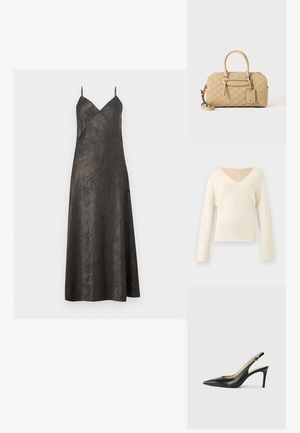 Pull doux crème à col en V avec manches longues et coupe décontractée en tissu tricoté.; Robe maxi en satin noir froissé avec des fines bretelles spaghetti et un décolleté en V avec des panneaux avant superposés.; Escarpins en cuir noir avec une pointe fine, une bride ajustable et un talon aiguille élégant, présentant une finition lisse.; Sac à main beige Michael Kors avec motif MK embossé, doubles poignées, poche avant zippée et bandoulière amovible sur fond blanc.