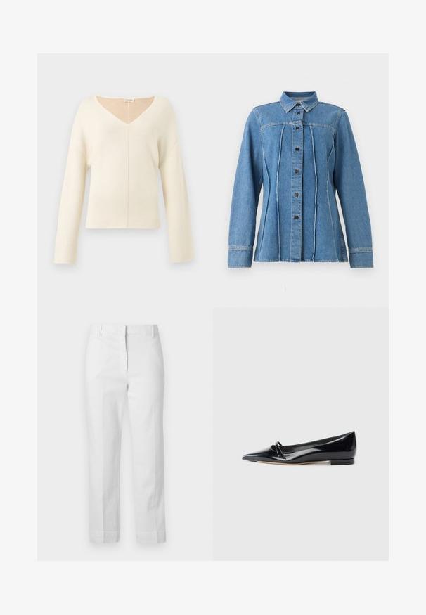 Pull doux crème à col en V avec manches longues et coupe décontractée en tissu tricoté.; Chemise en denim bleu à manches longues avec boutons sur le devant, col pointu, coutures verticales et poignets cousus.; Pantalon blanc taille haute à jambes droites avec passants de ceinture, fermeture éclair avant et poches latérales, présenté sur un fond uni.; Chaussure plate en cuir verni noir avec un bout pointu, une petite lanière décorative et un petit talon carré. Texture lisse et design épuré.