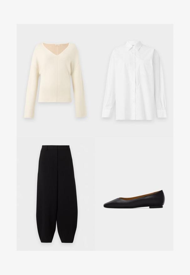 Pull doux crème à col en V avec manches longues et coupe décontractée en tissu tricoté.; Chemise blanche à manches longues en coton, avec un col classique, un fermeture à boutons et une poche poitrine simple du côté gauche.; Pantalon noir à jambes larges et courtes, taille haute, sans poches visibles ni ornements.; Chaussure plate en cuir noir à bout pointu avec talon bas et finition lisse, vue de côté sur un fond gris clair.